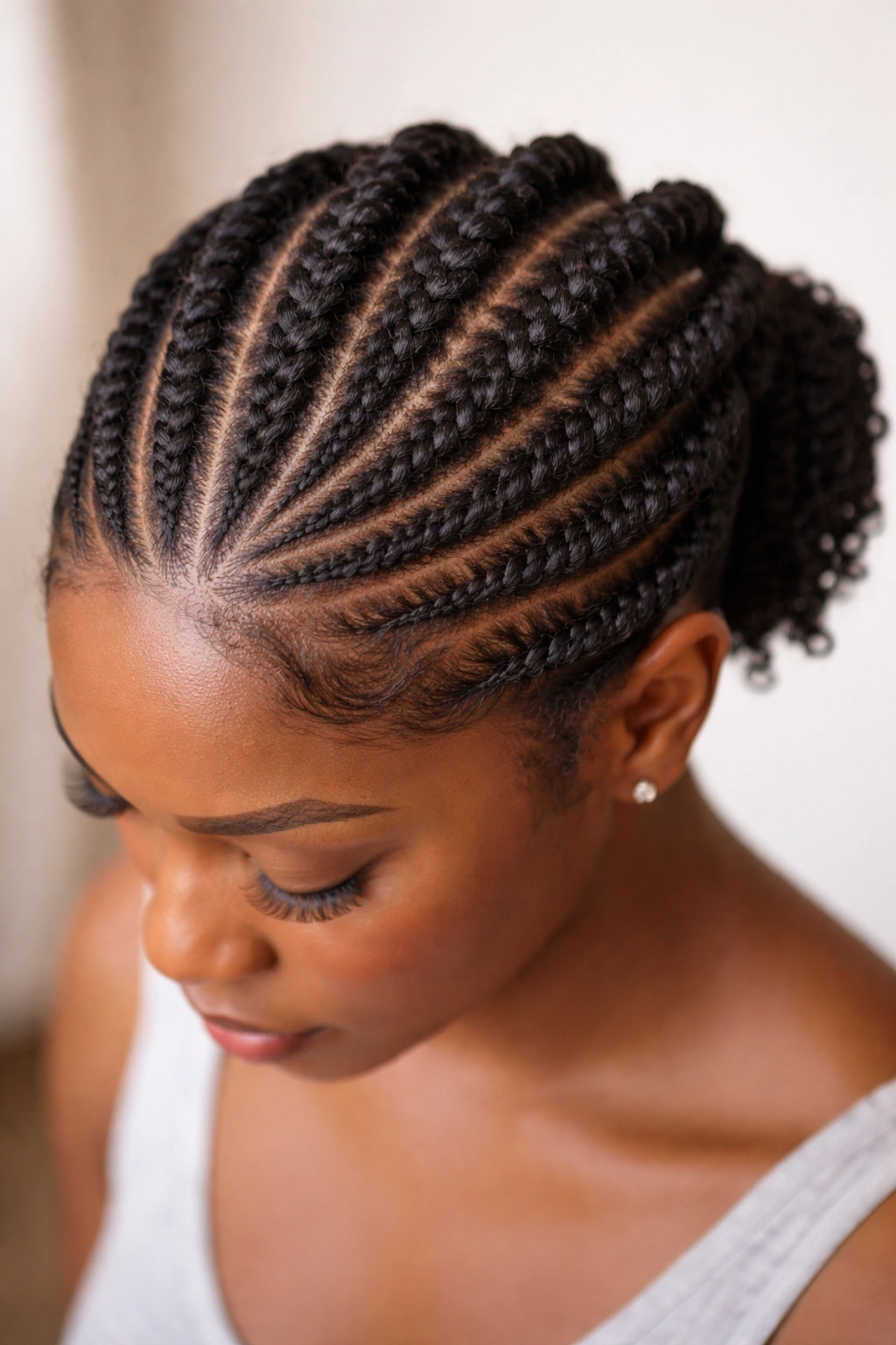 Top-down view of flat twists along the scalp on 4C hair.