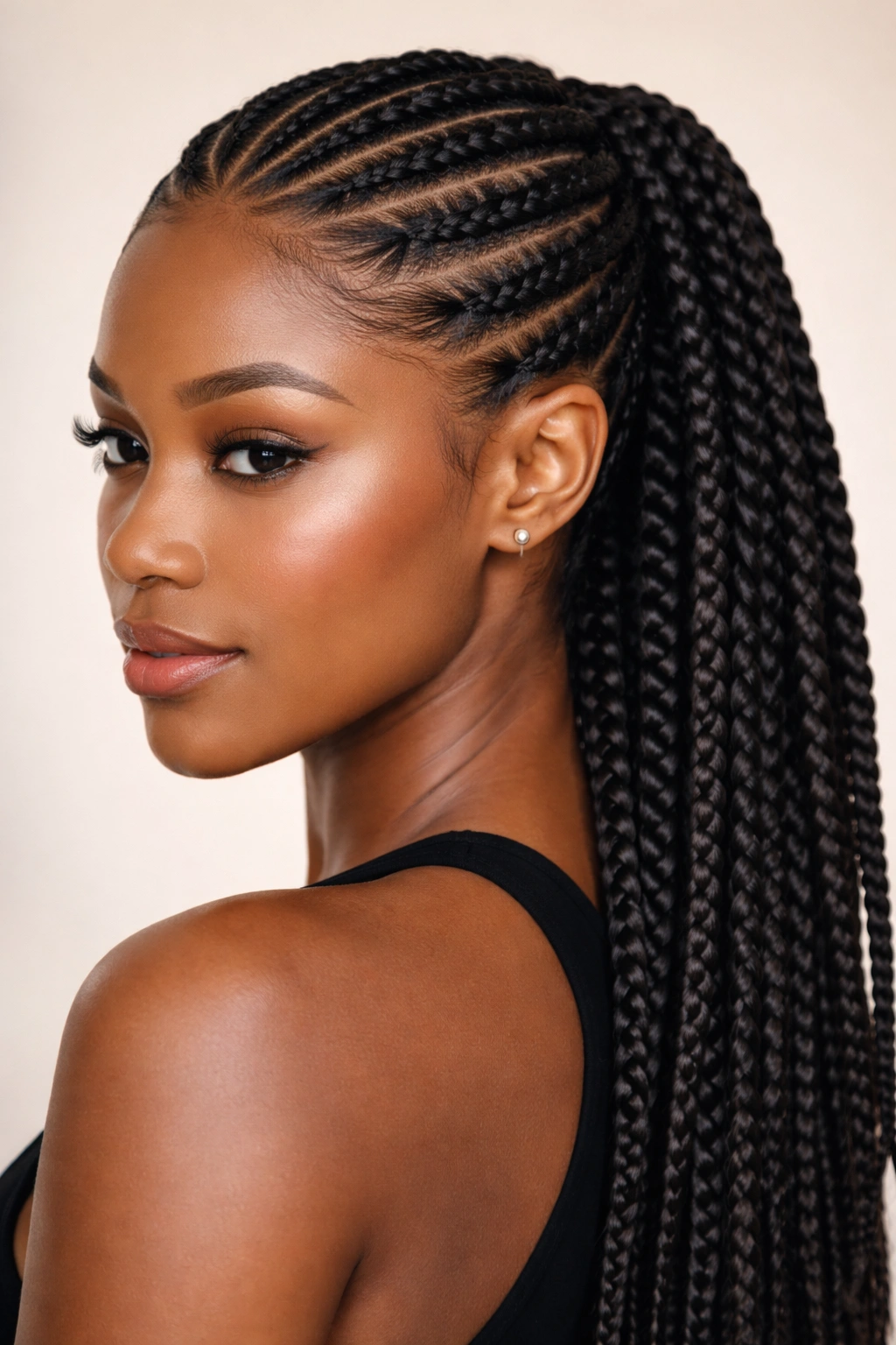 Close-up portrait of a hairstyle with sleek front flat twists and voluminous back box braids