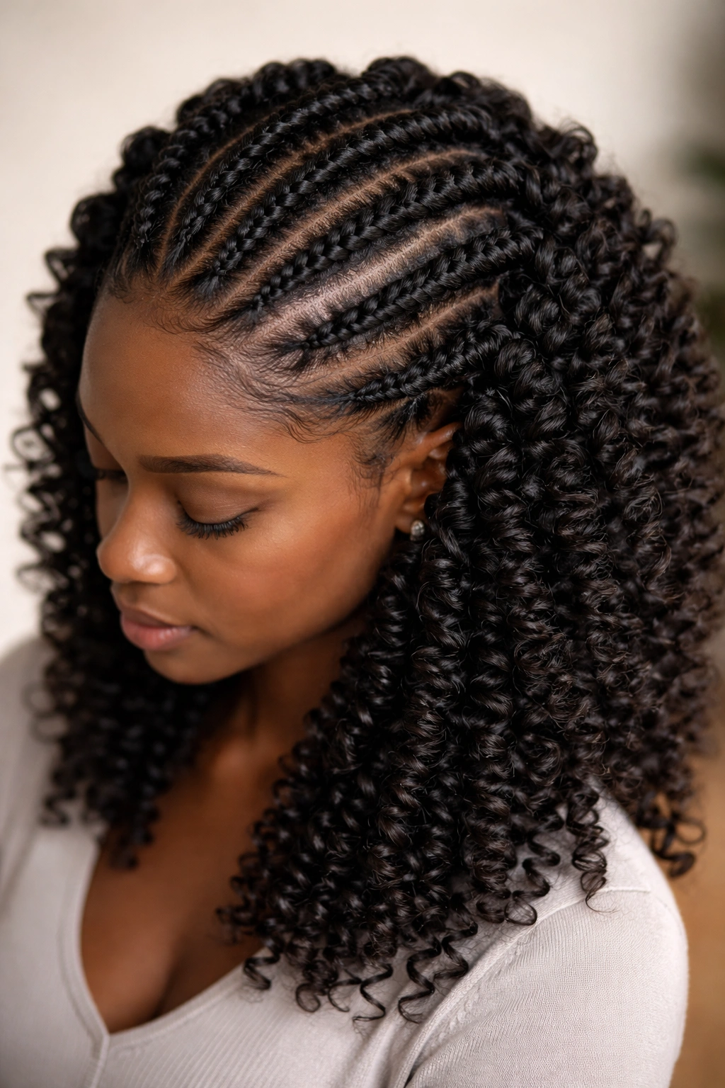 Flat twists across the scalp with loose coil ends on dark hair