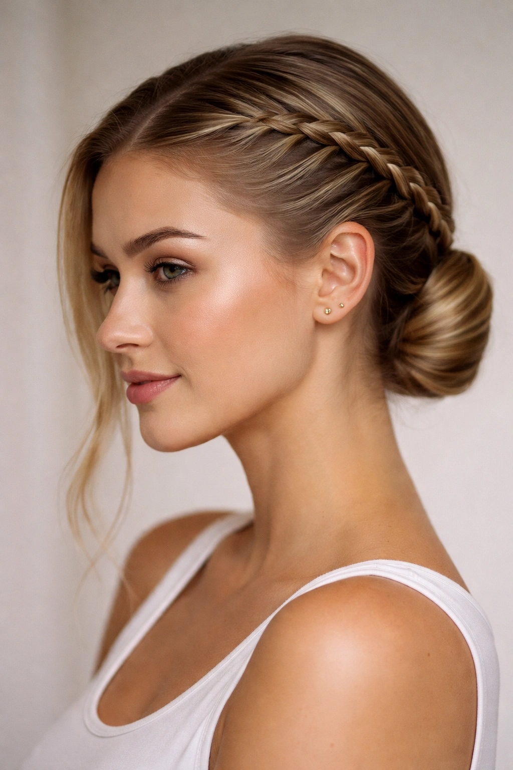 Hair flat-twisted along the scalp on both sides meeting in a low back bun