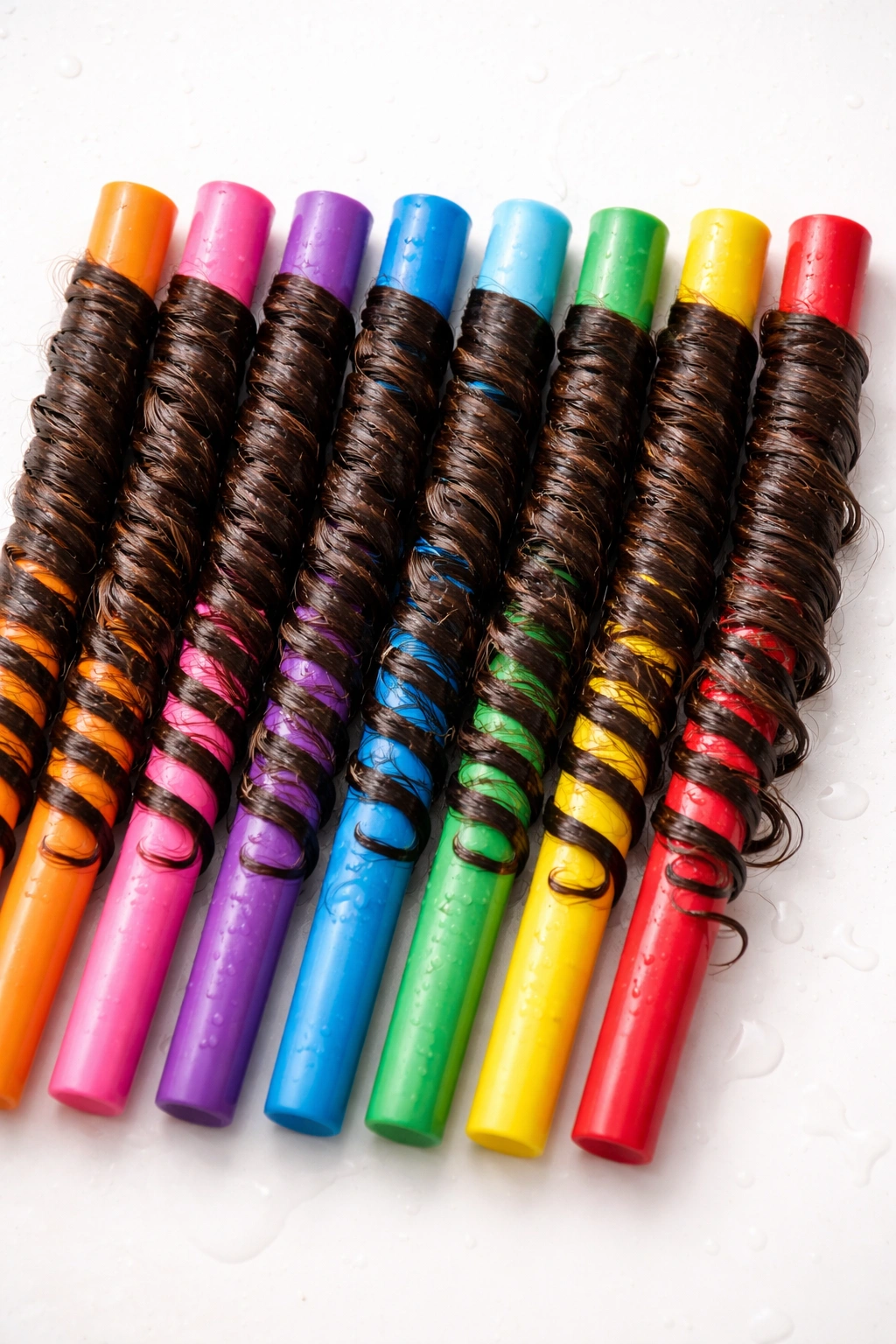 Colorful flexi-rods wrapped with damp hair into spirals.