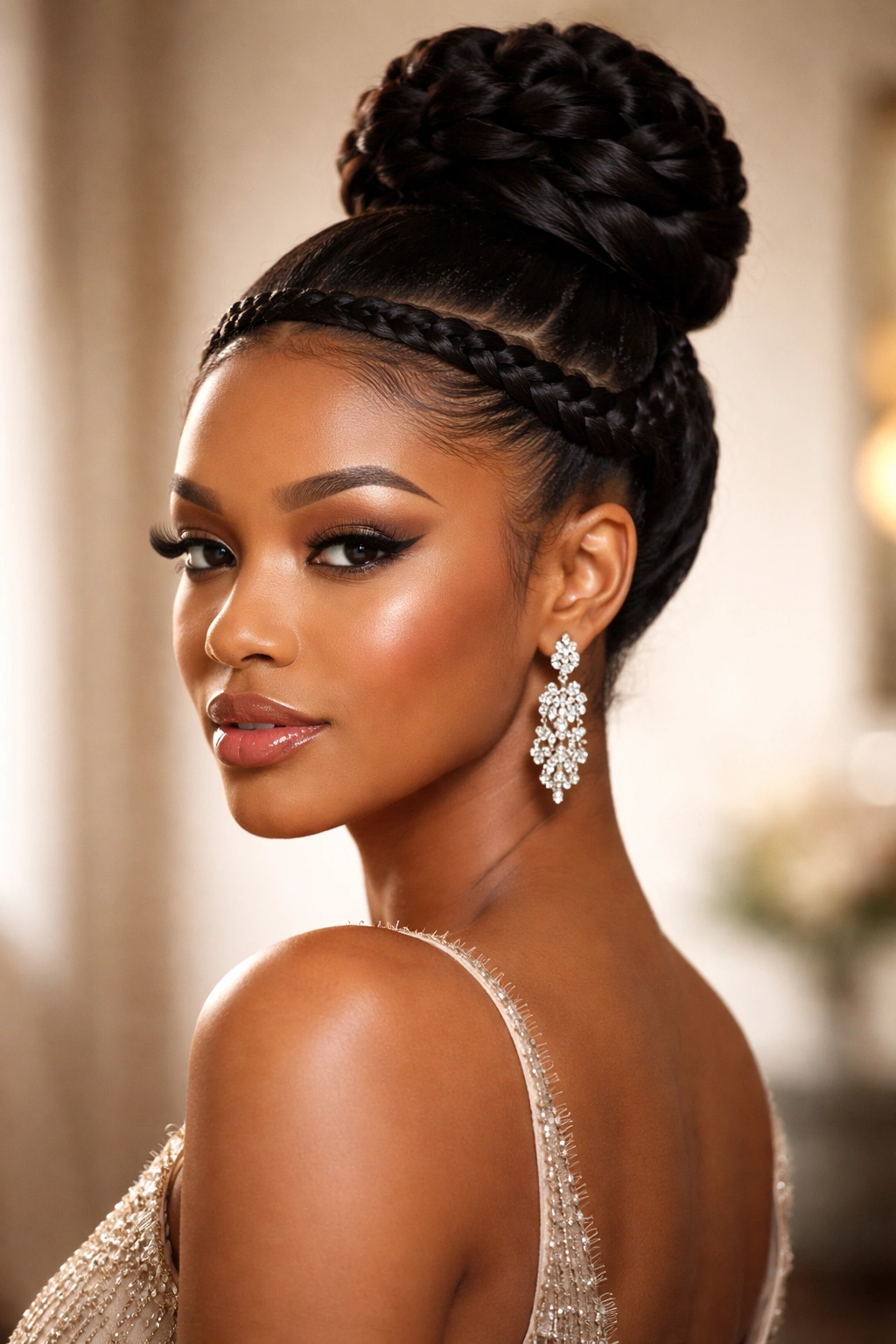 Floating thick cornrow framing a high bun for prom