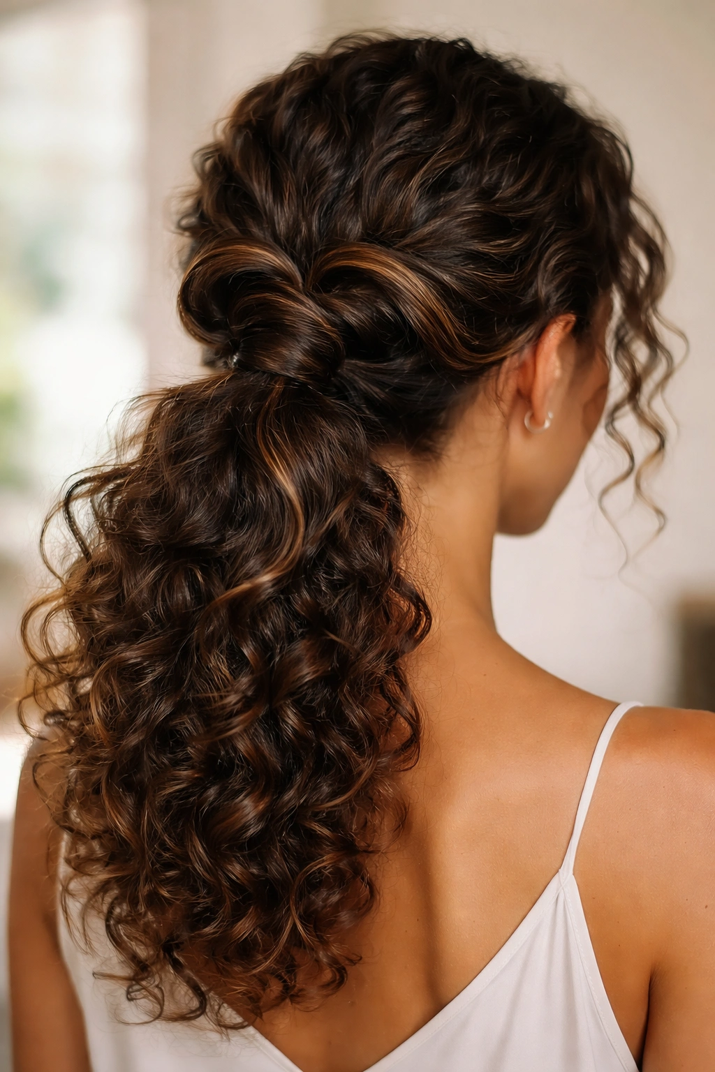 Close-up of a curly low ponytail with floating loops above the base