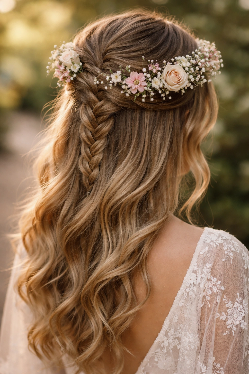 Bridal half-up hairstyle with French braid and floral crown.
