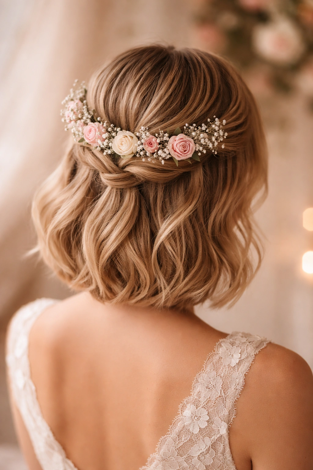 Romantic half-up hairstyle with delicate floral crown at back crown