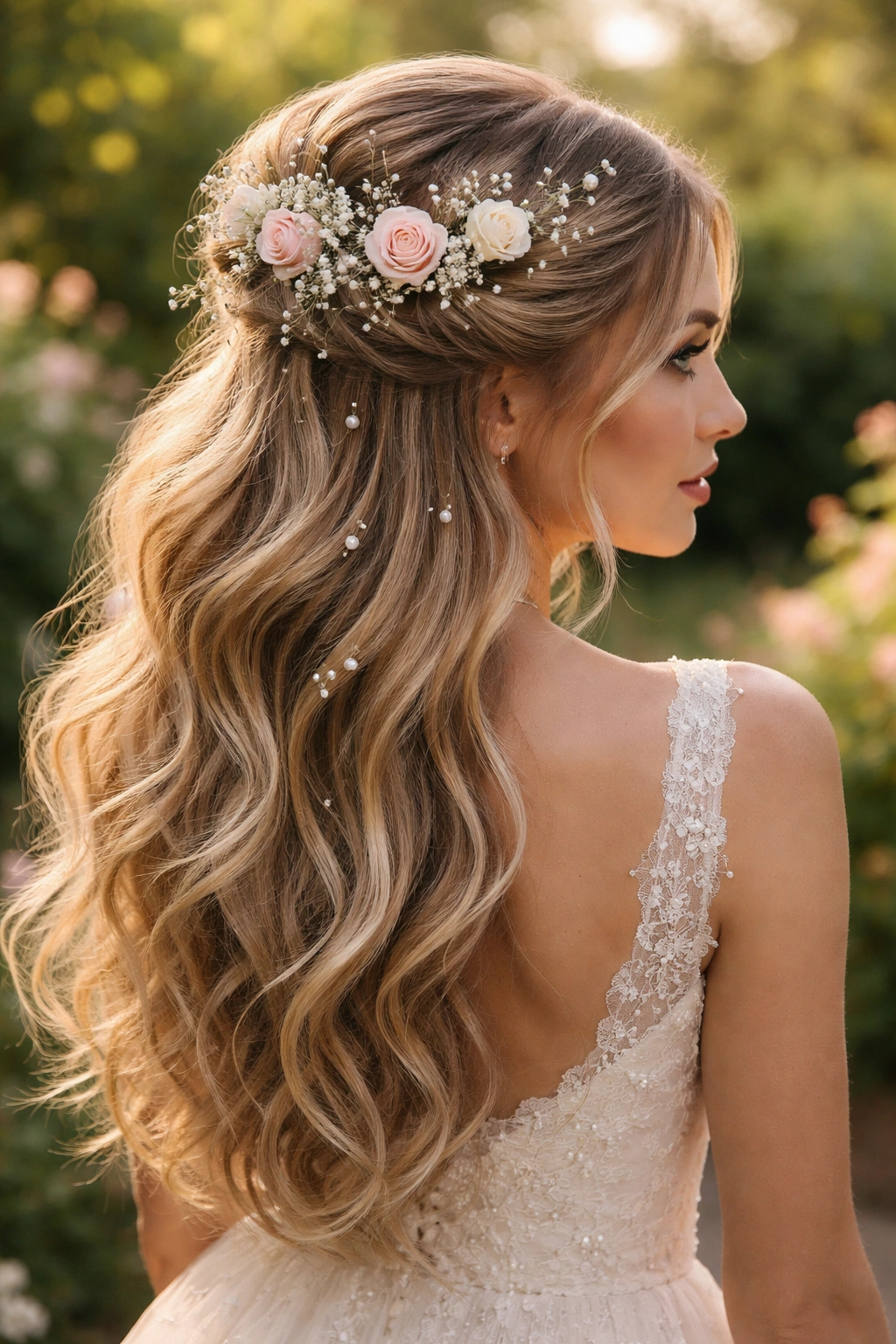 Romantic floral crown half-up hairstyle with scattered jewels