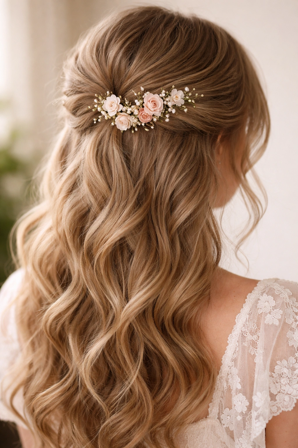 Half-up hairstyle accented with floral hair pins and flowers