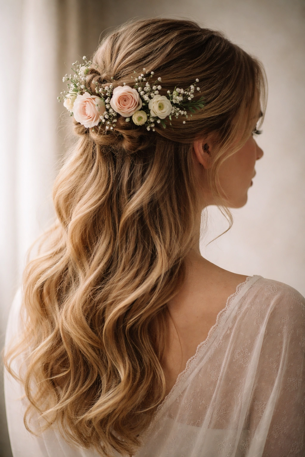Contemplative portrait highlighting a floral half-up hairstyle