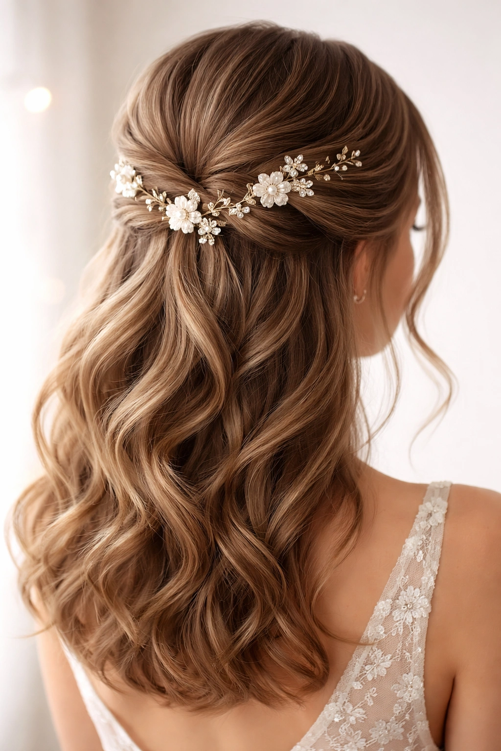 Half-up hairstyle with floral and jeweled pins