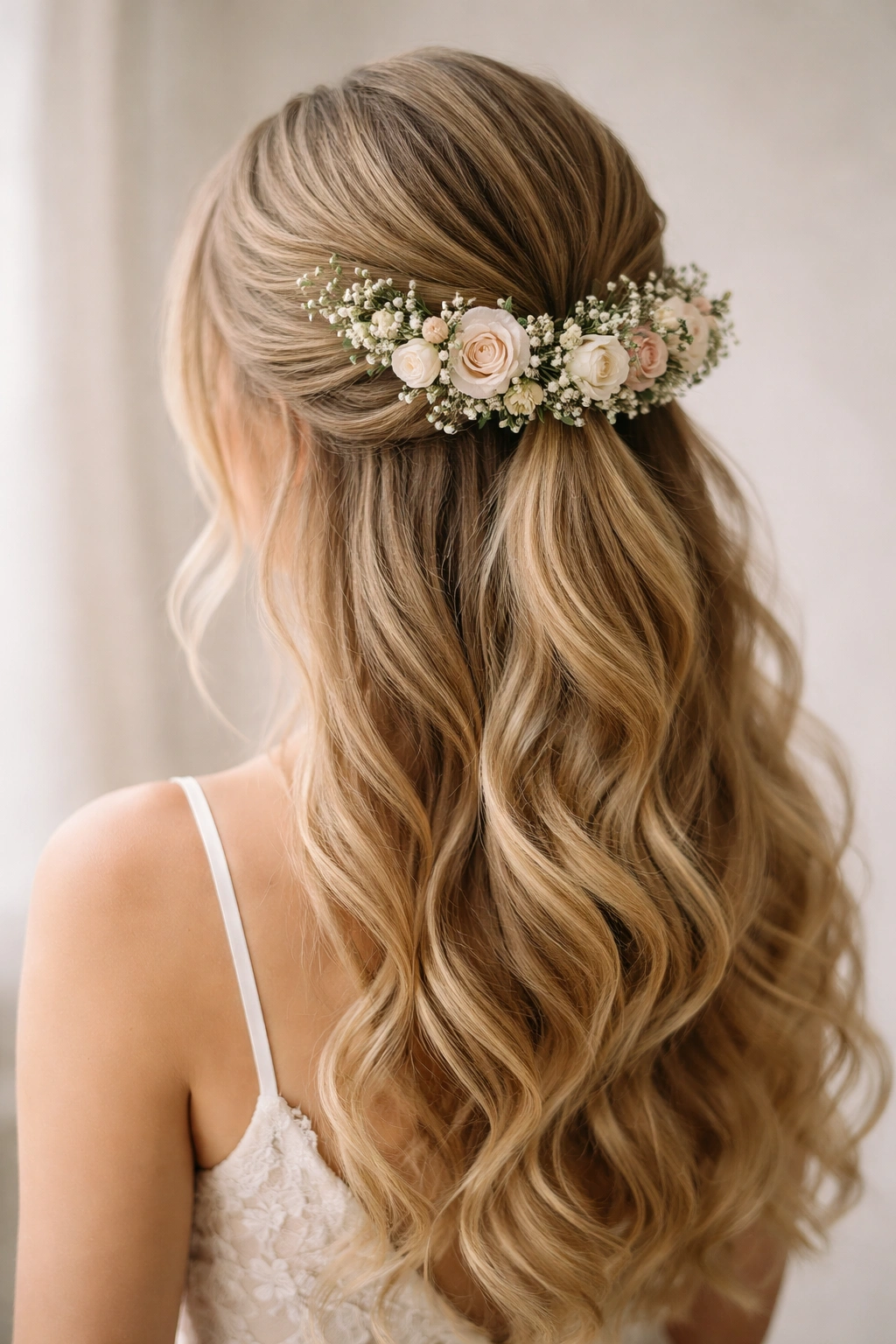 Flower crown half-up half-down hairstyle with floral accents