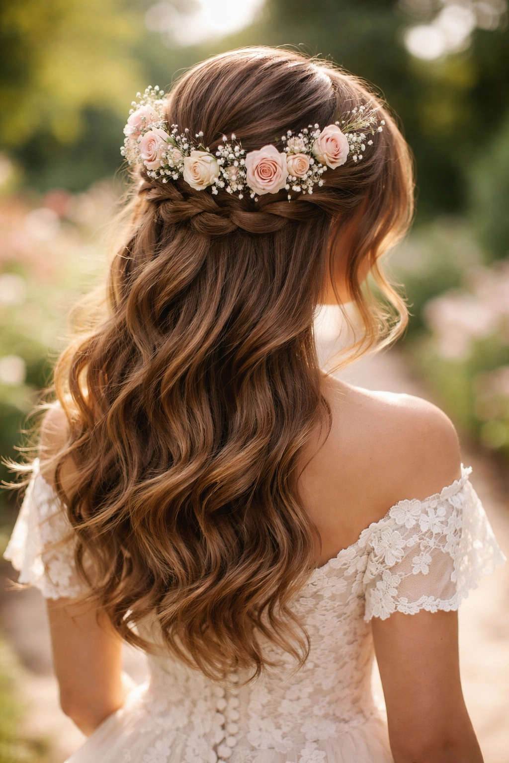 Half-up hairstyle with flowers woven into the crown area.