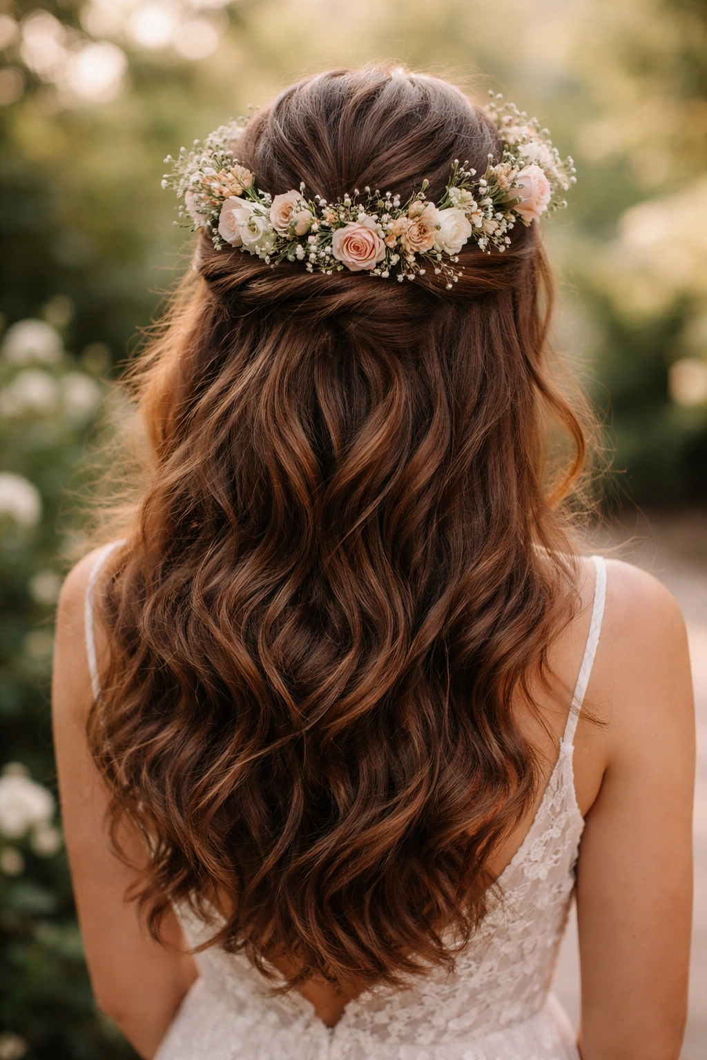 Thick hair with boho half-up flower crown