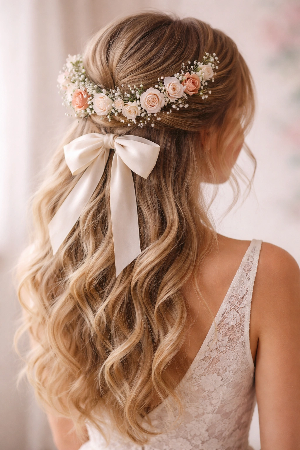 Romantic flower crown half-up with bow woven through gathered hair