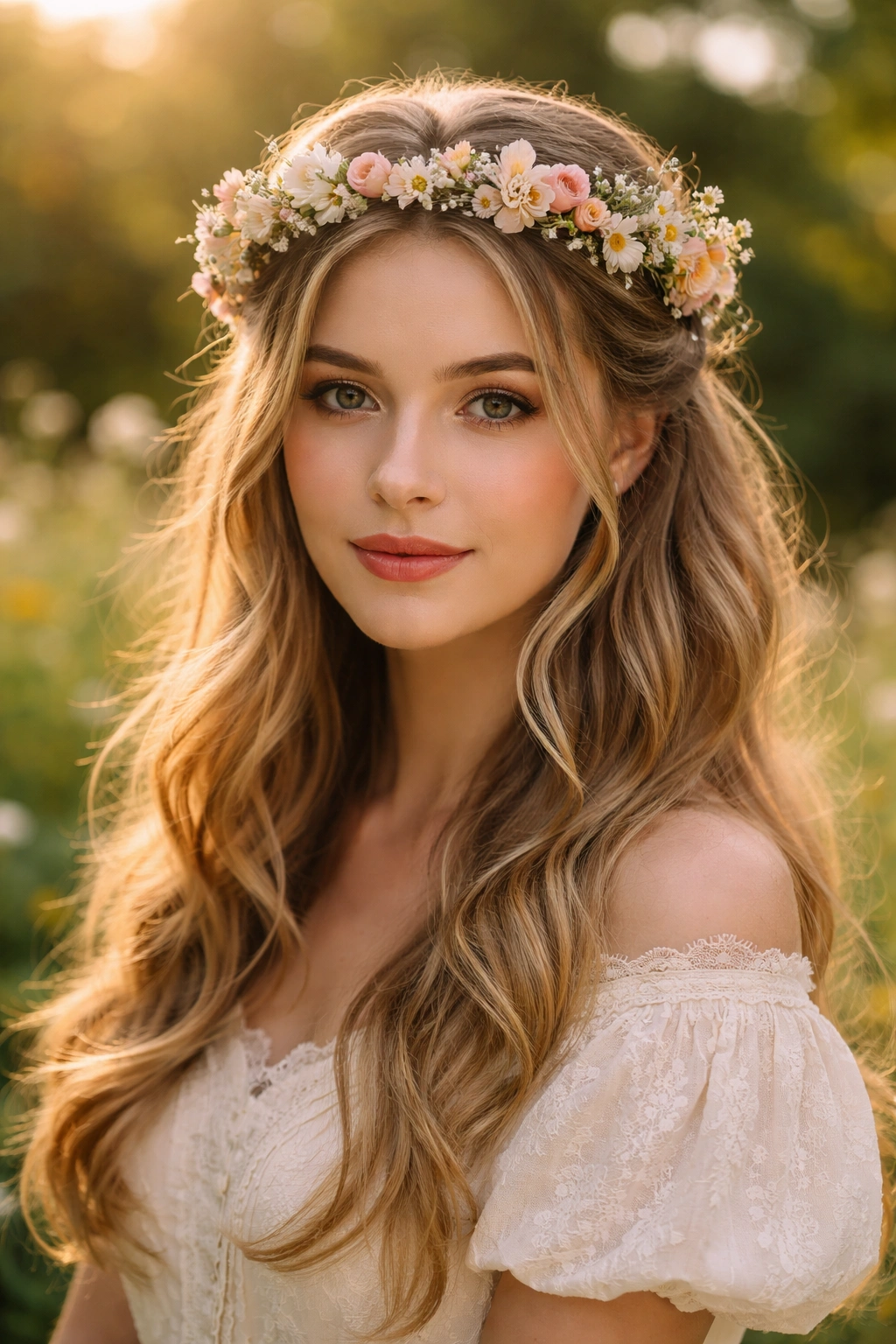 Close-up of half-up hairstyle with a delicate flower crown