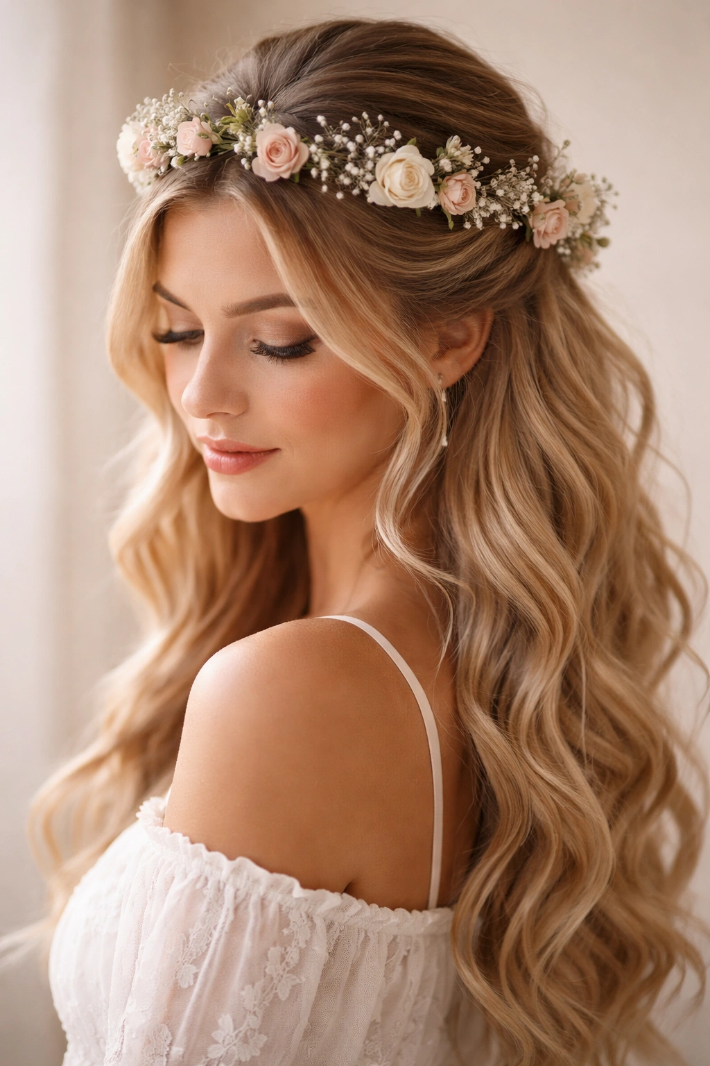 Flower crown half-up hairstyle with woven flowers and loose curls.