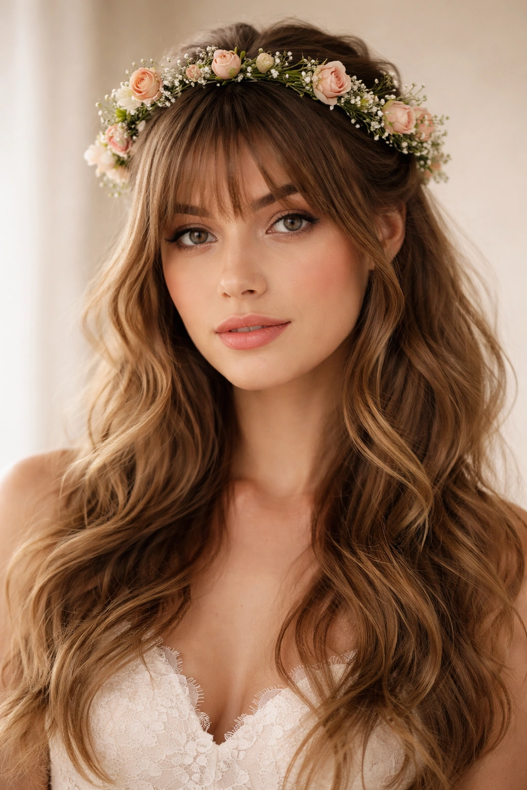 Boho half-up hairstyle with flower crown and shaggy bangs