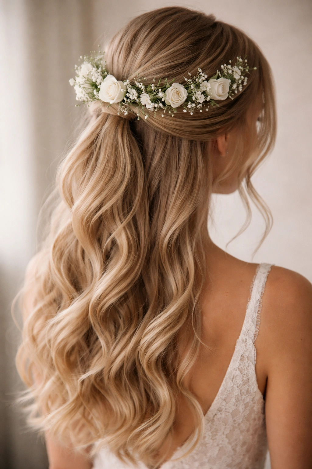 Half-up hairstyle with a fresh flower crown around the crown