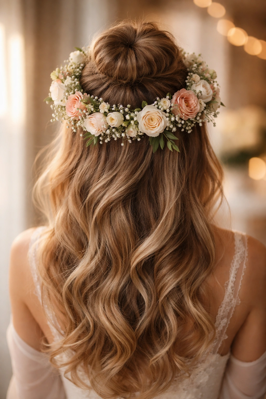 High half-up bun with a flower crown halo framing the back of the head