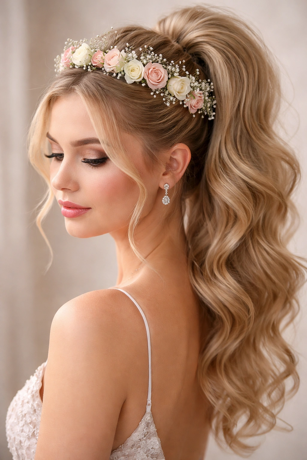 High ponytail with a floral crown emphasizing romantic garden-inspired look