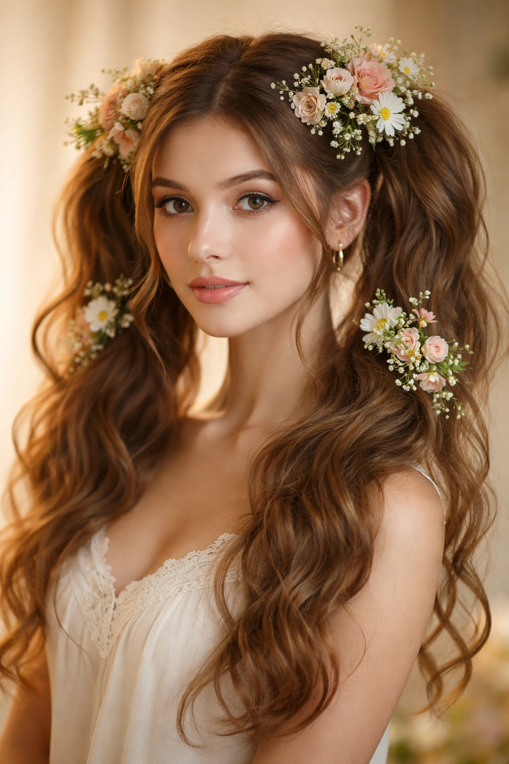 Double ponytails with a delicate flower crown and blooms.