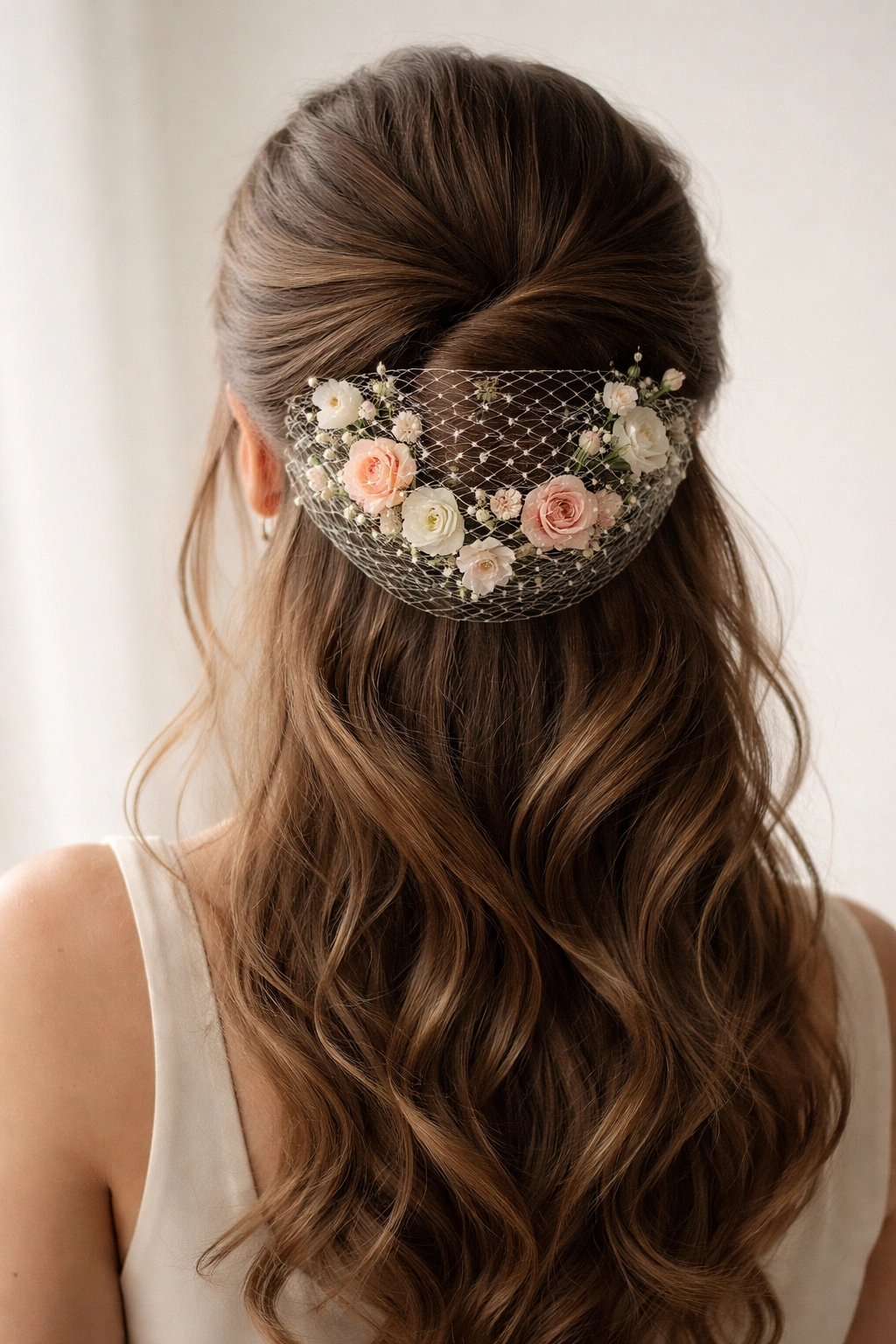 Close-up of a half-up hairstyle with a delicate mesh hair net and flowers