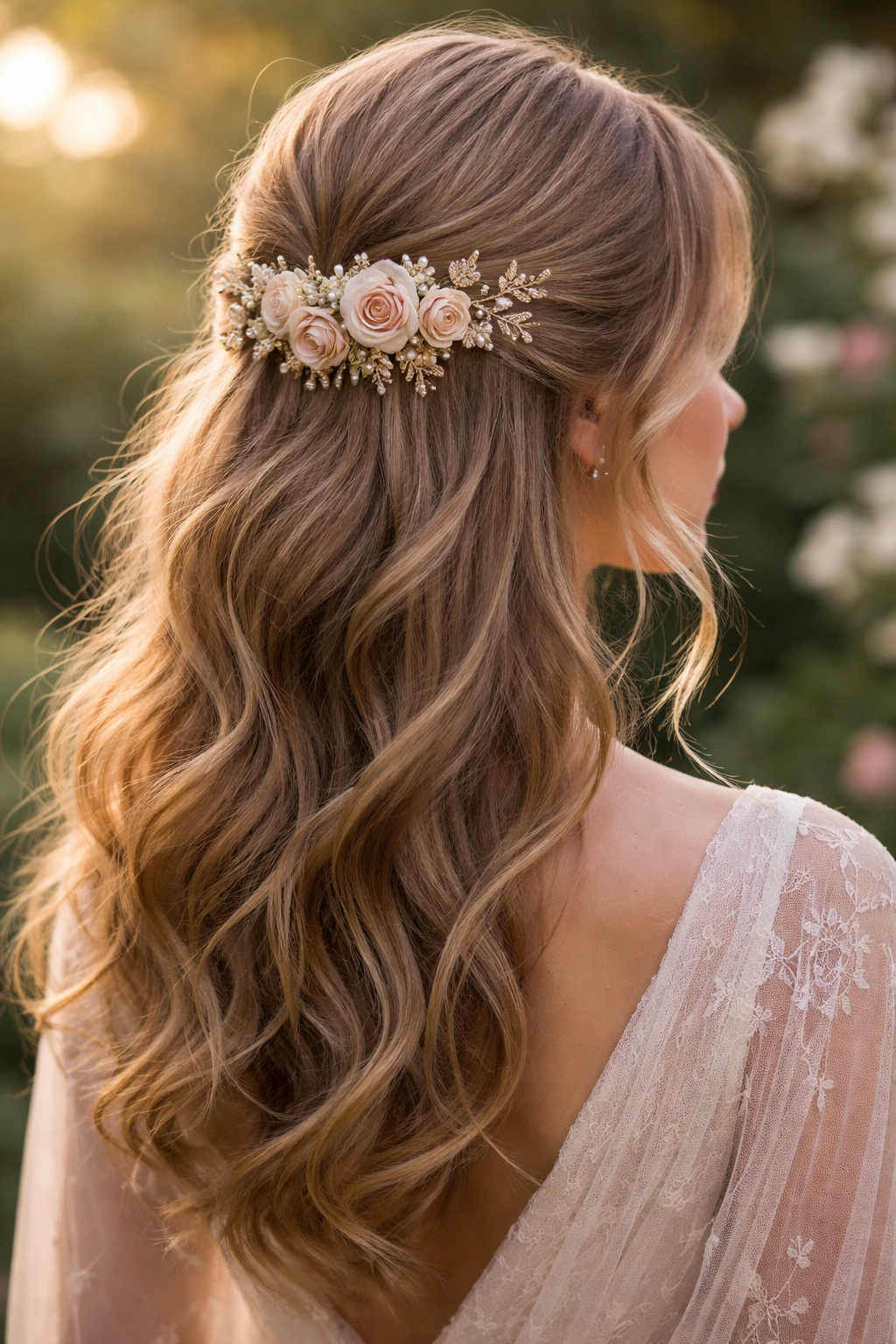 Upper crown gathered hairstyle secured by a decorative flower pin with loose waves