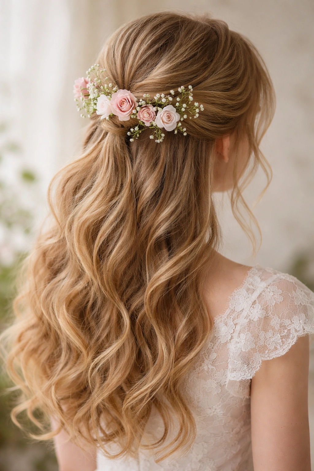 Close-up of romantic flower-pinned half-up hairstyle with floral accents