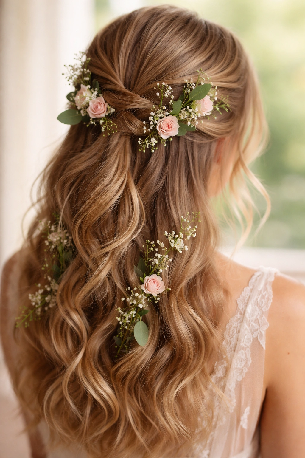 Close-up of a half-up hairstyle with small flowers and greenery woven into the twist.
