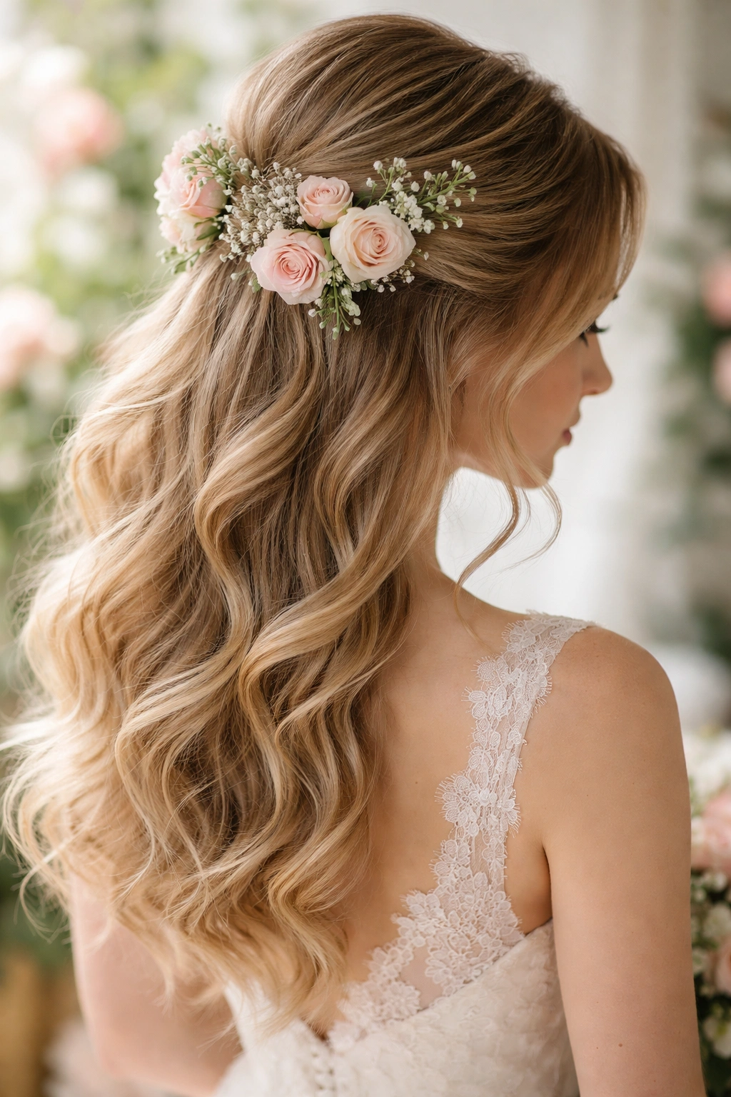 Half-up hairstyle woven with fresh bridal flowers