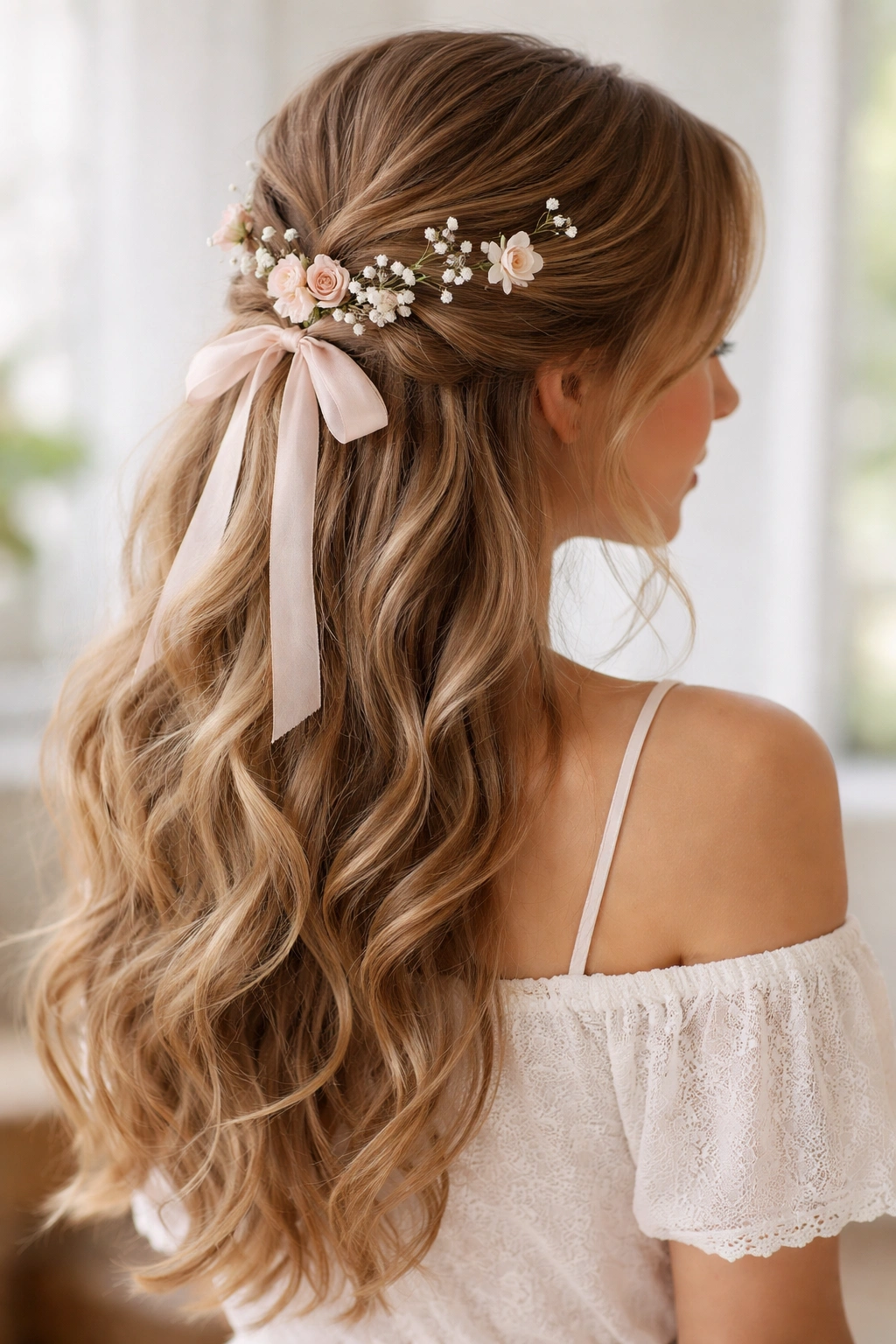 Half-up hairstyle with integrated flowers and ribbons woven through