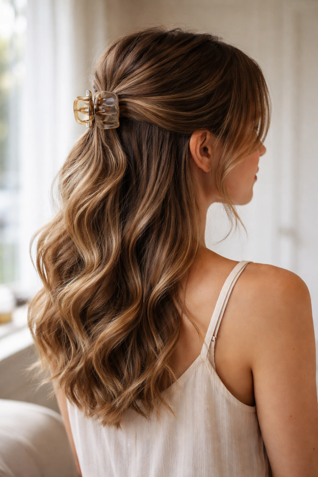 Flowing cascade half-up hairstyle with loose hair streaming through clip