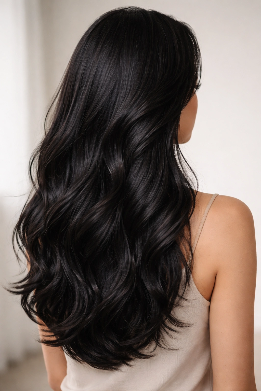 Portrait of a person with long flowing waves in black hair and minimal layers