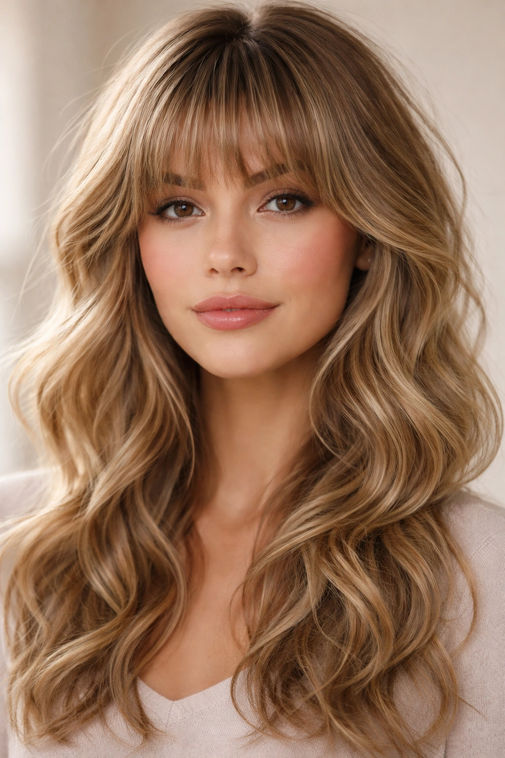 Fluffy bangs with rounded volume and layered waves at roots