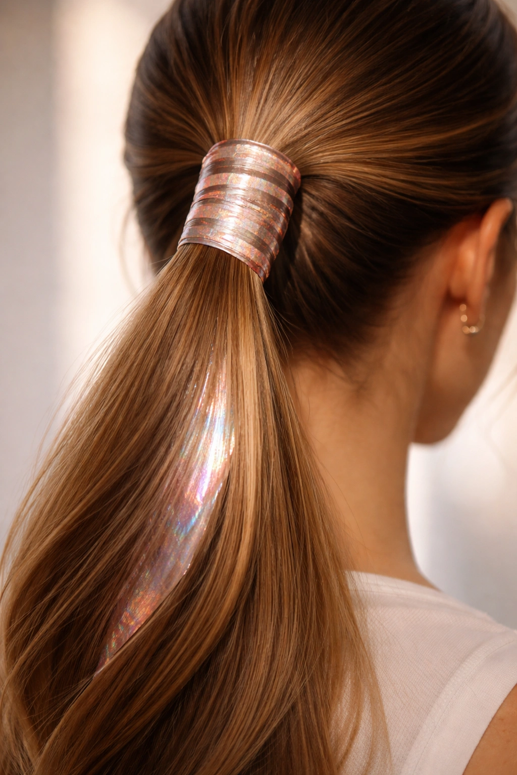 Ponytail wrapped with metallic foil strips catching light