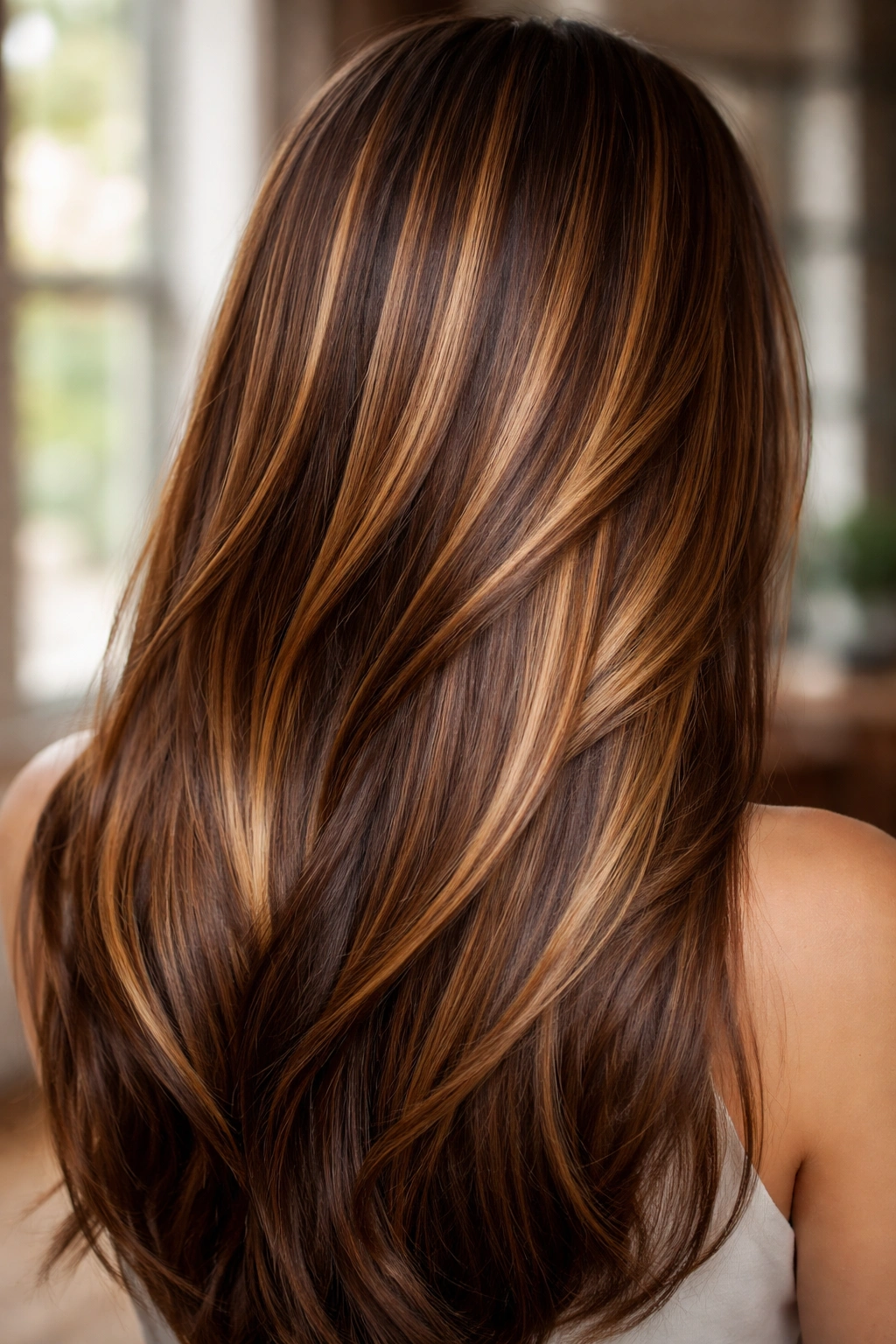 Straight hair with foliage-inspired warm tones for natural dimension.