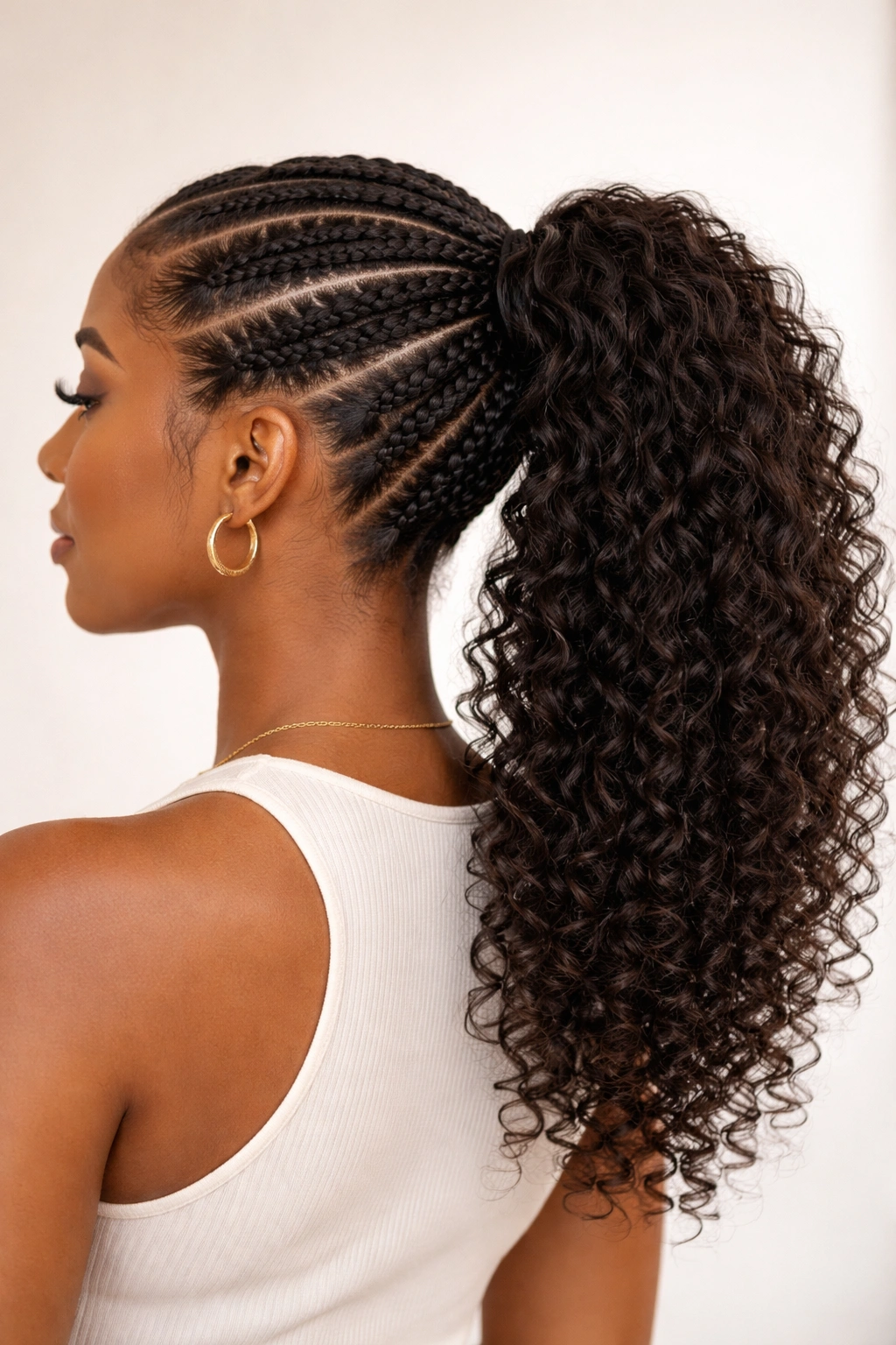 Four evenly spaced cornrows converging at crown into a voluminous ponytail