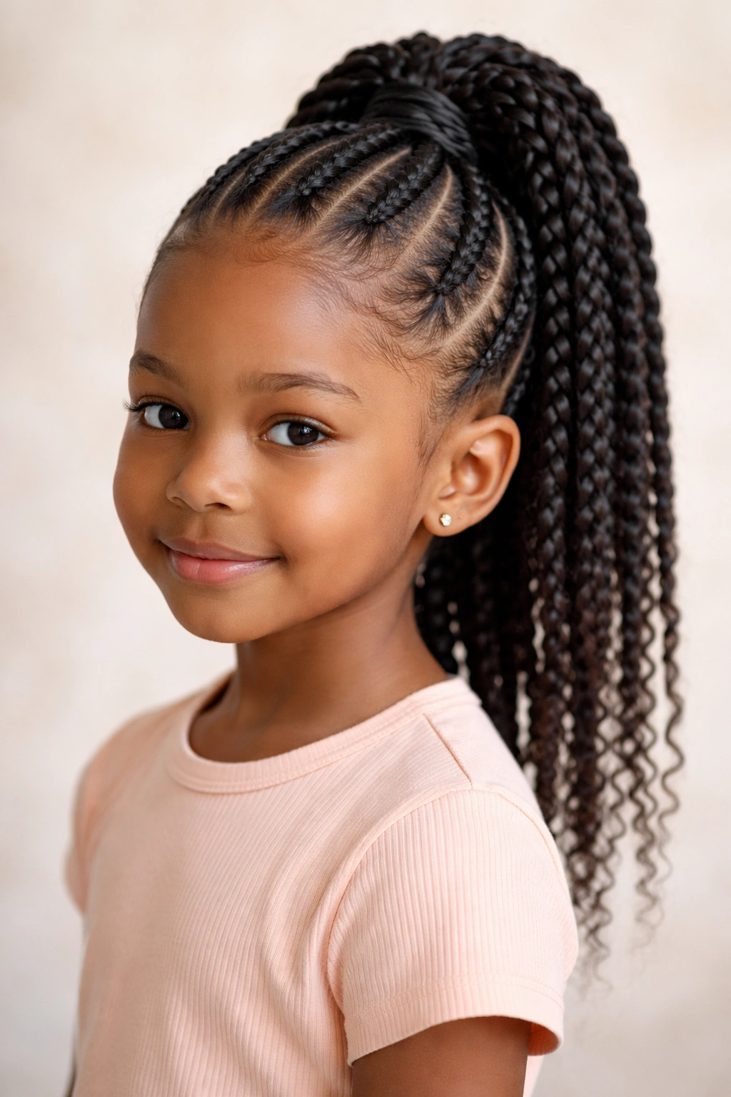 Child with four cornrows braided to crown into a high ponytail