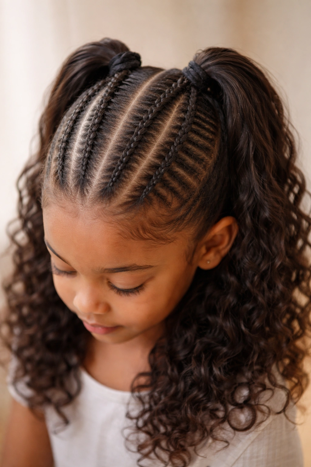 Close-up of four thin cornrows starting at the hairline and gathered into two sections at the crown
