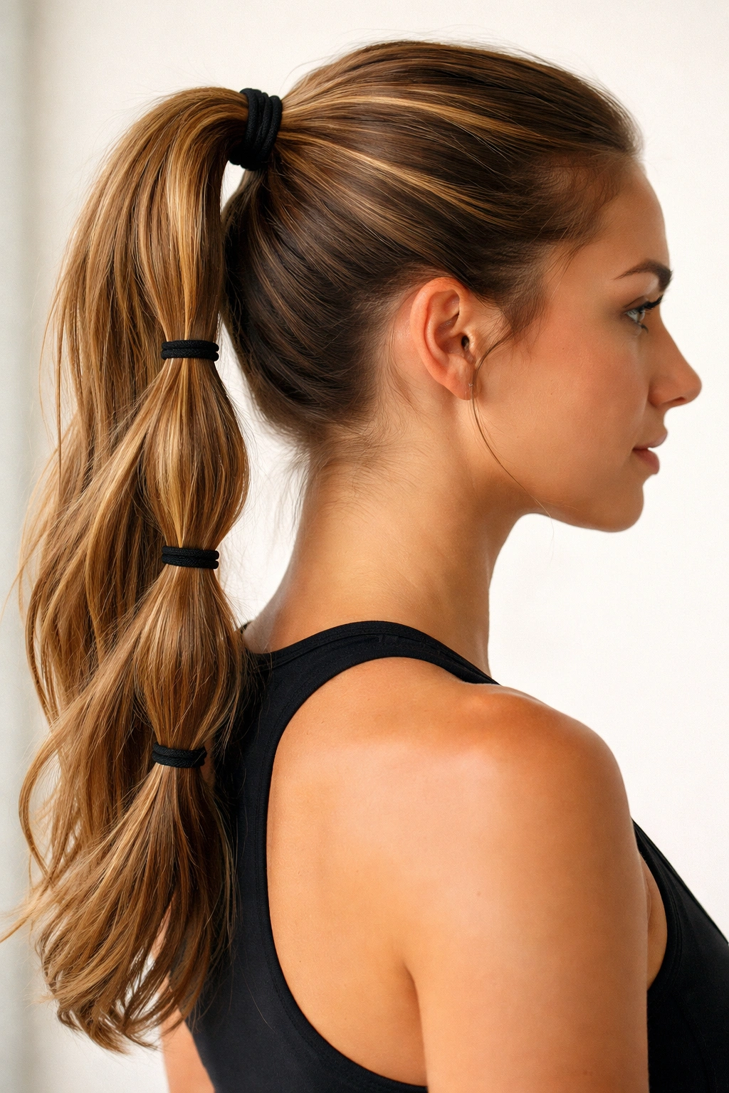 Side view of a high ponytail with four elastic anchor points along the length