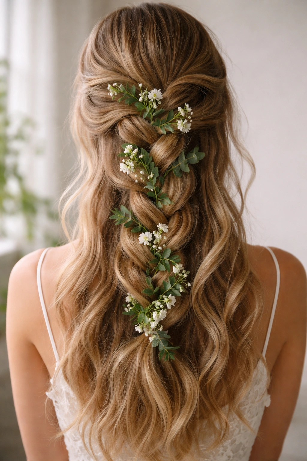 Close-up of a four-strand braid woven with eucalyptus and white blooms in natural studio light.