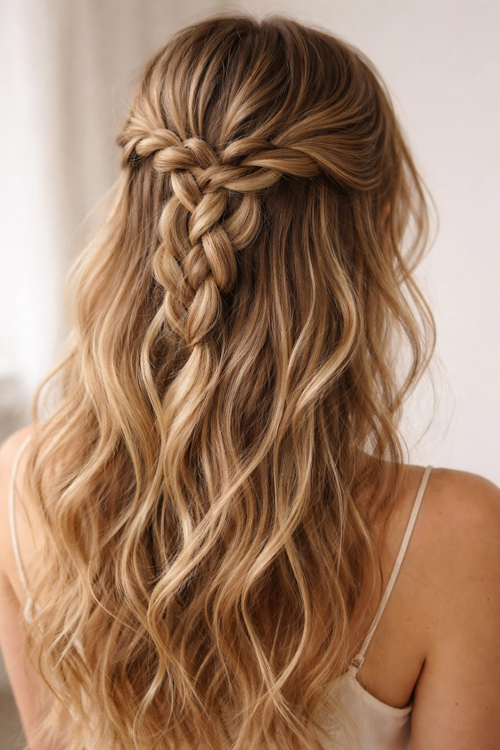 Intricate four-strand half-up braid with textured, loose ends