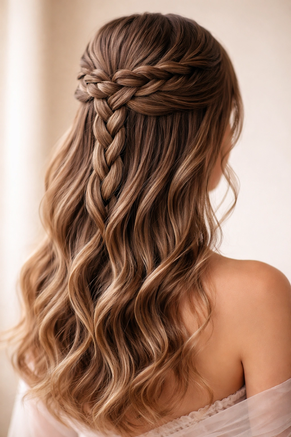 Four-strand braid half-up with textured crown and loose waves