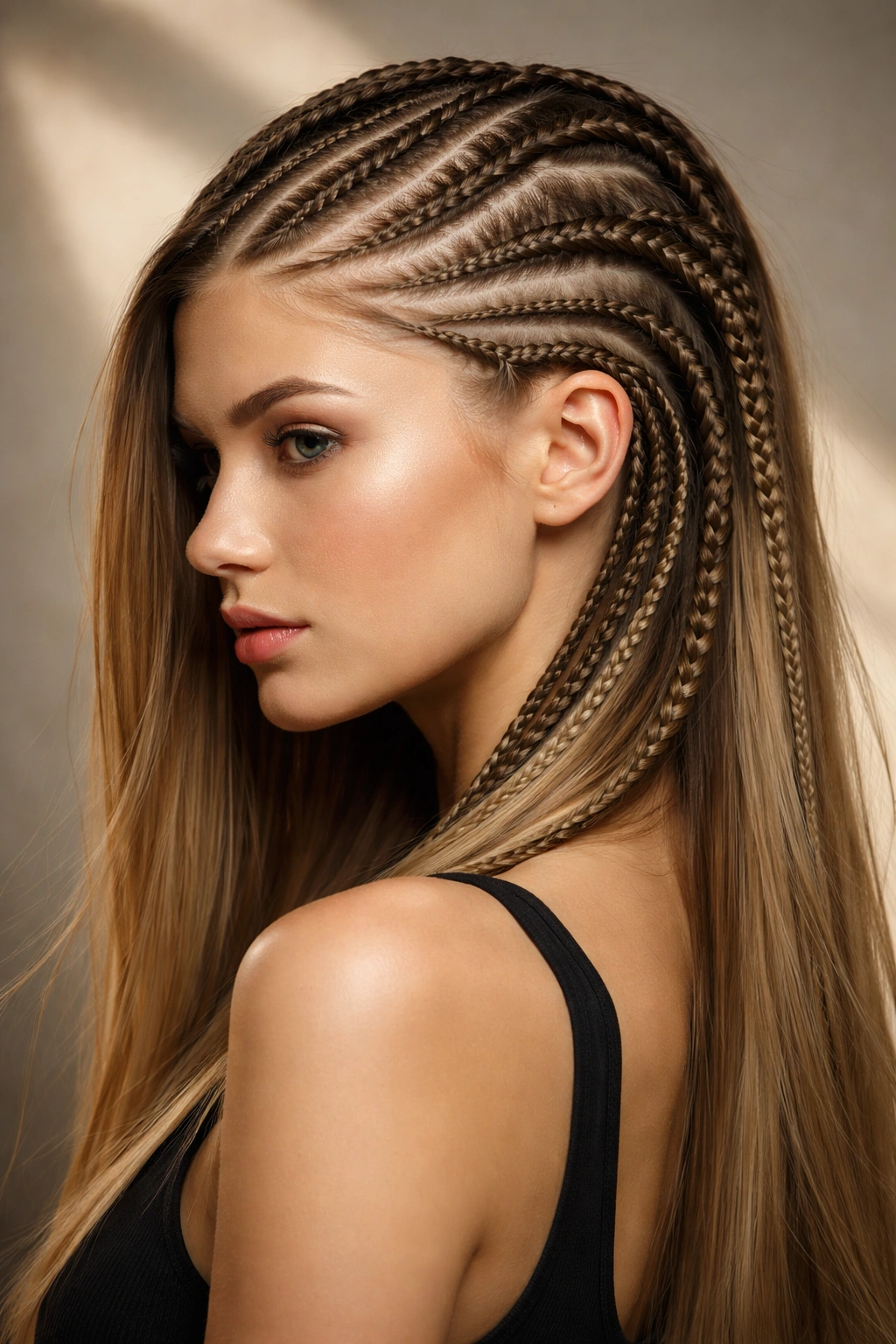 Asymmetrical freestyle cornrows on straight hair with varied braids