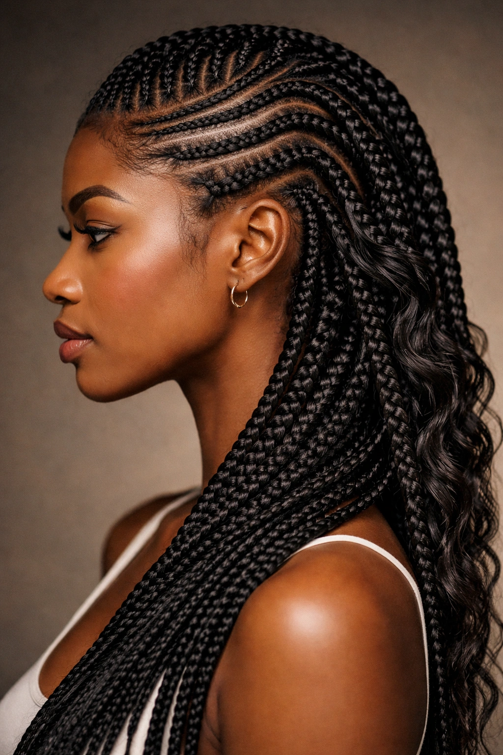 Side profile of asymmetrical freestyle Ghana braids