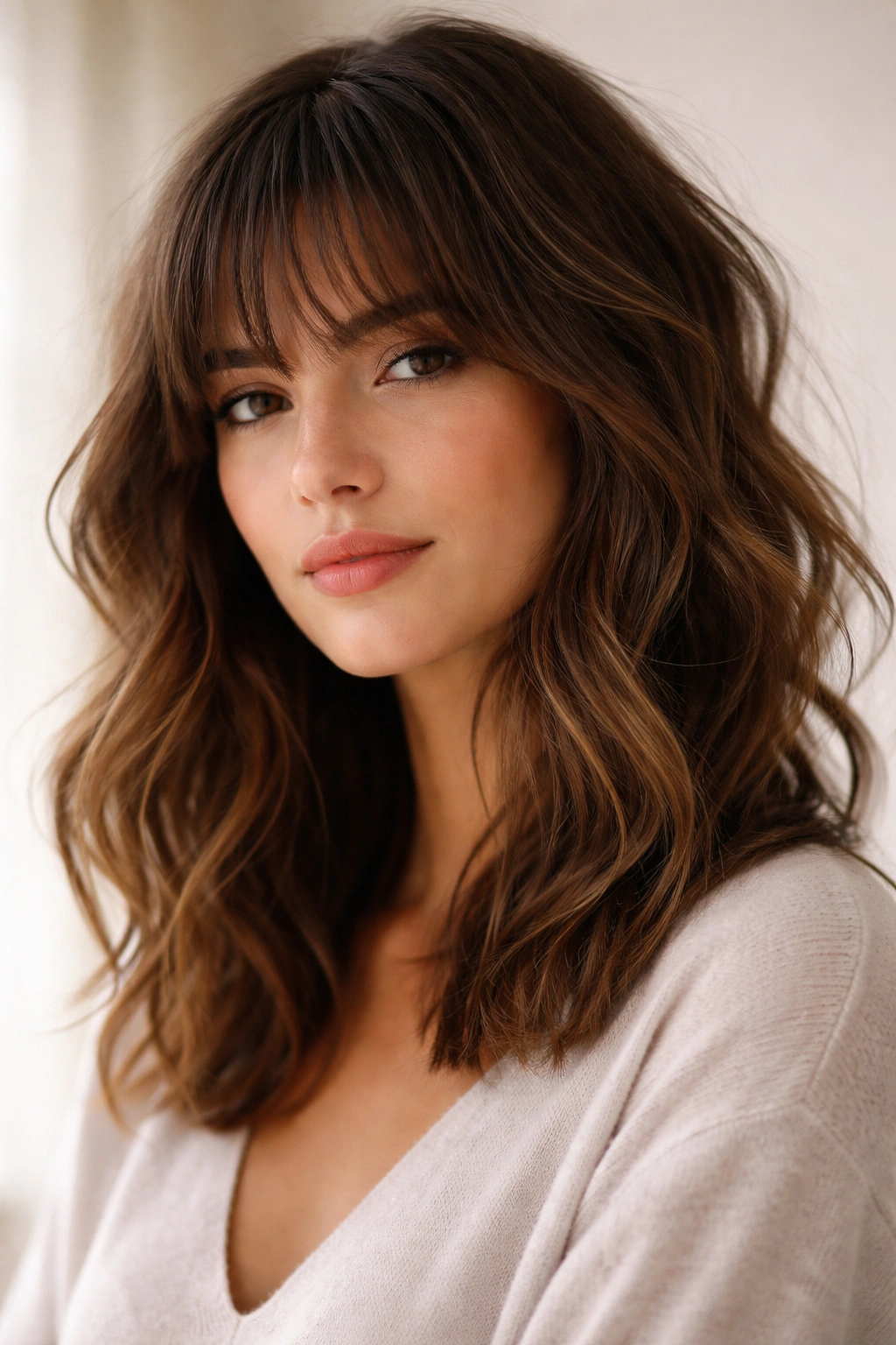 Chin length textured bangs with effortless waves for a French Girl look.