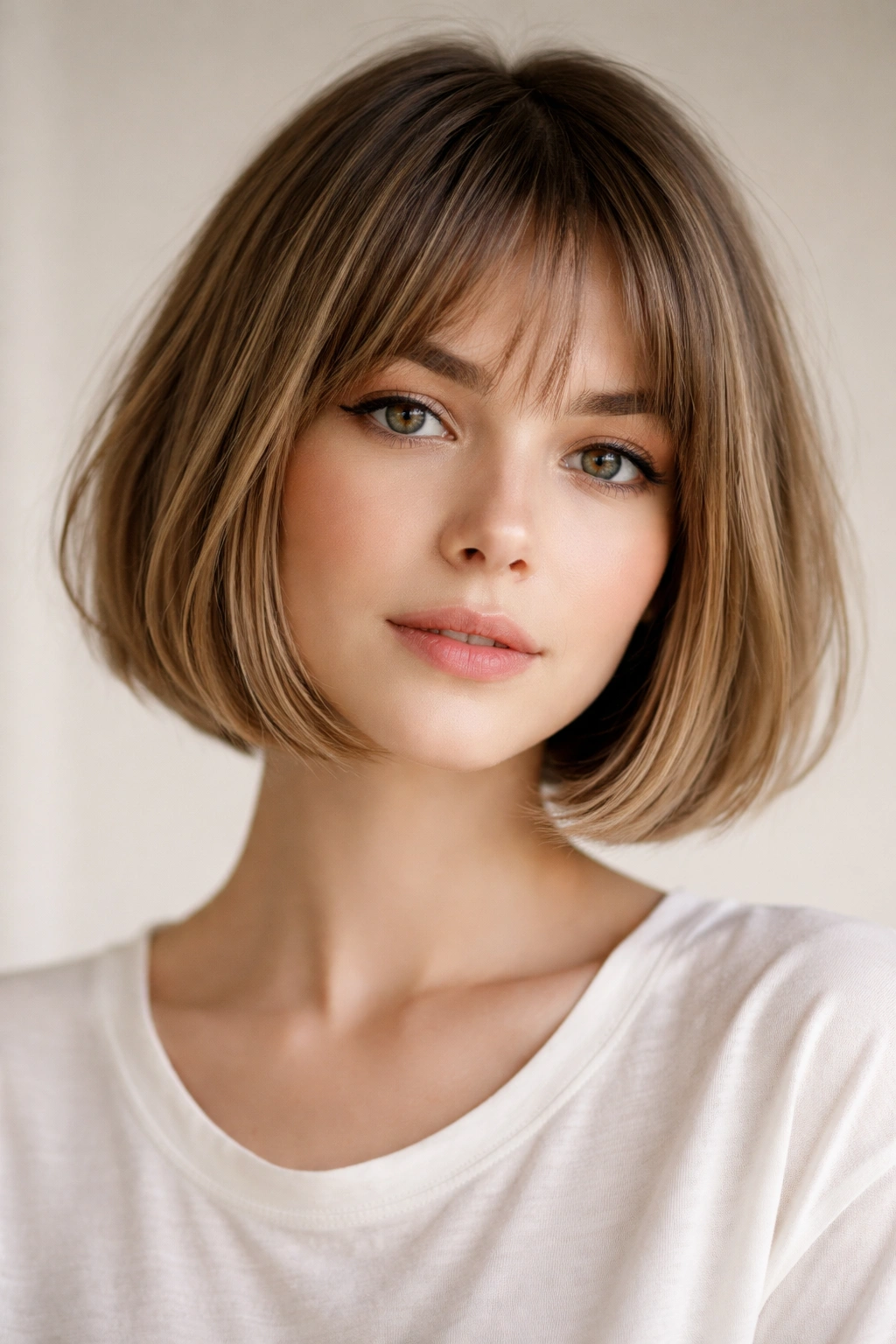 Chin-length French bob with subtle babylights adding sun-kissed depth on straight hair.