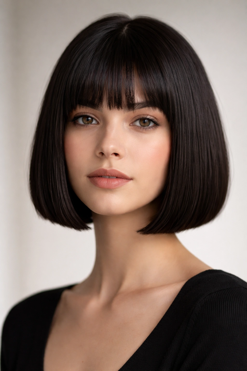 Close-up of a chin-length blunt French bob on straight hair, sharp blunt ends.