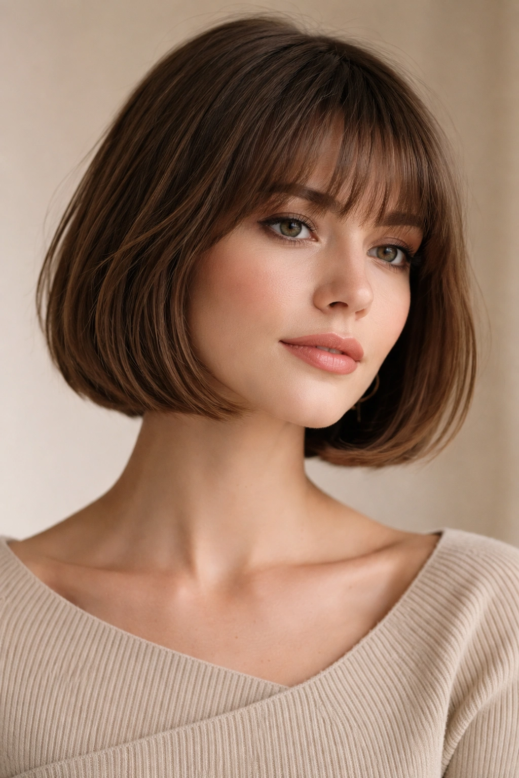 French Bob Carré with subtle layers on straight hair in studio portrait