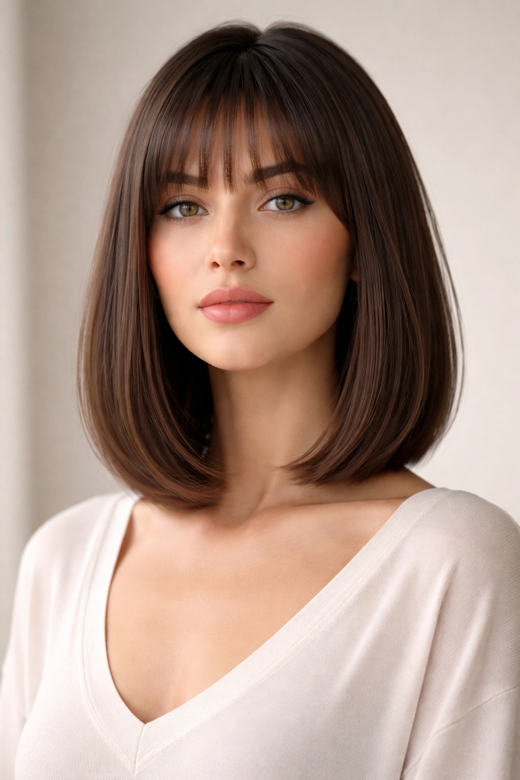 Shoulder-length French bob with sleek straight hair and defined geometry.