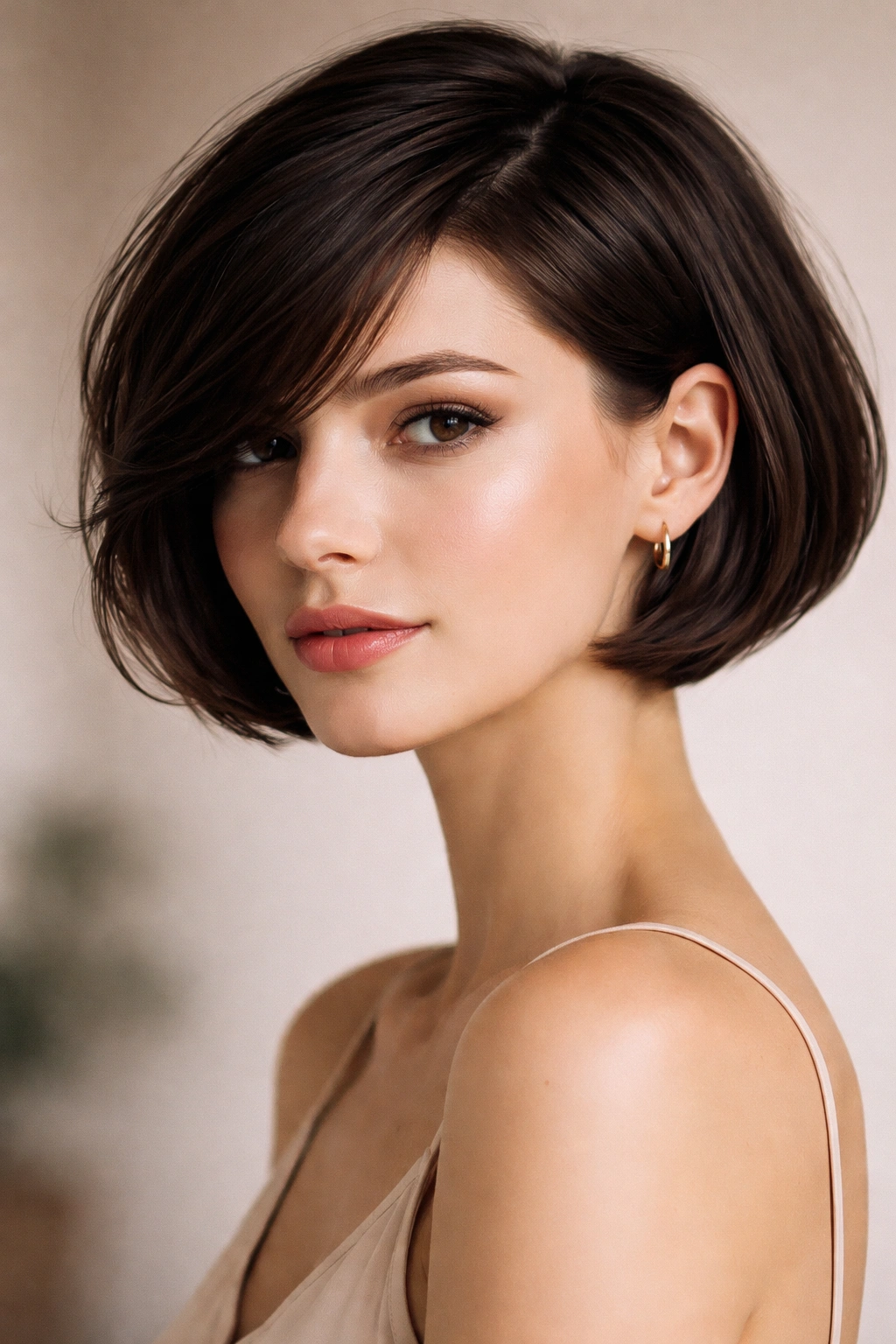 Blunt chin-length French bob with dramatic side sweep and crown volume